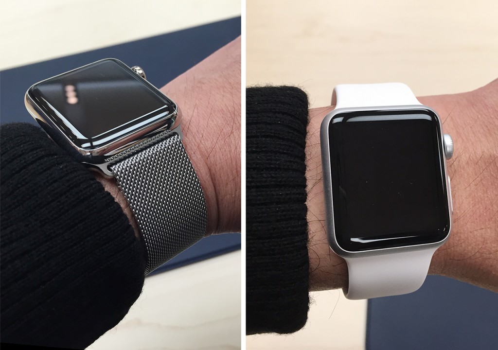 Apple Watch／42mmステンレススチールケースとミラネーゼループ（左） Apple Watch SPORT／38mmシルバーアルミニウムケースとホワイトスポーツバンド（右）