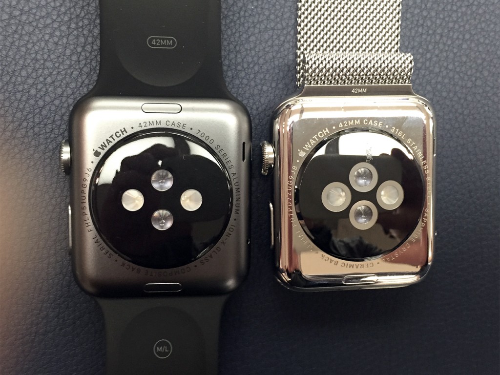 Apple Watch SPORT／42mmスペースグレイアルミニウムケースとブラックスポーツバンド（左） Apple Watch／42mmステンレススチールケースとミラネーゼループ（右）
